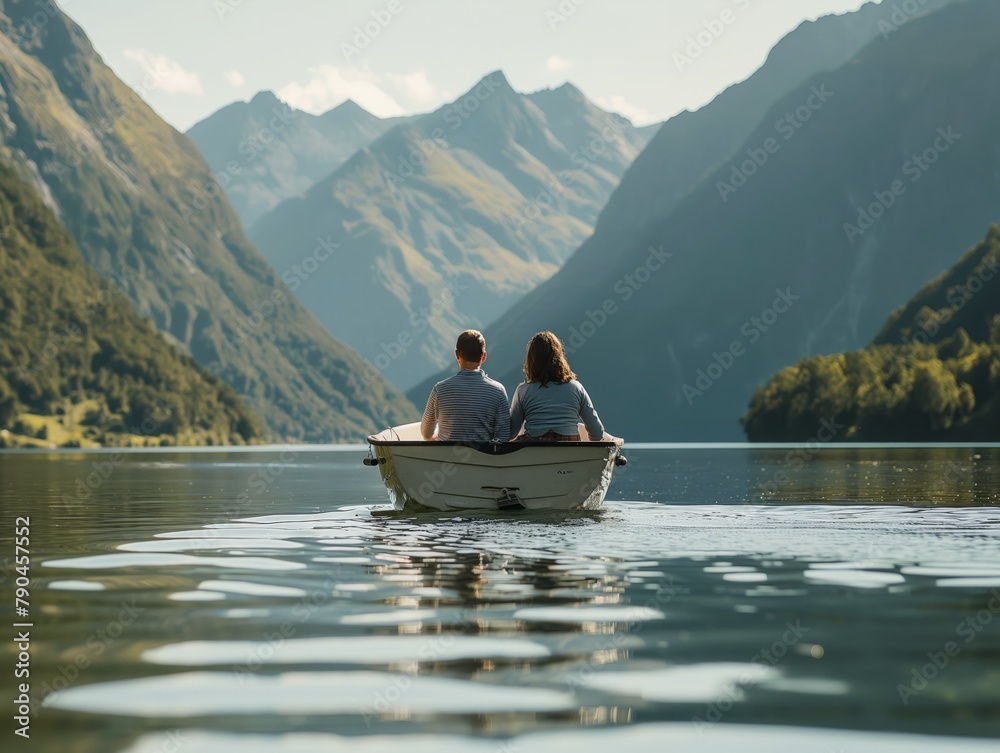 A couple is in a boat on a lake, enjoying the view of the mountains in the background