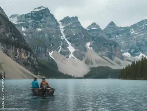 A couple is in a boat on a lake, surrounded by mountains