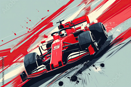 Poster of F1 racing car in minimalist abstract colour illustration.