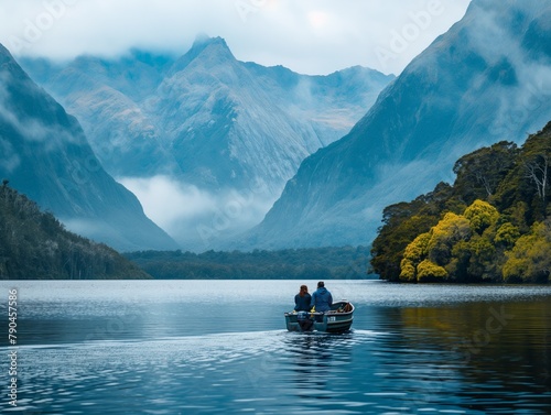 A couple is in a boat on a lake surrounded by mountains