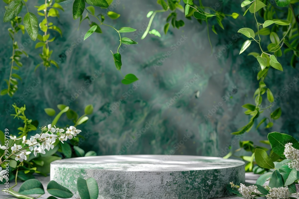 Natural stone and concrete podium in Natural green background for Empty show for packaging product presentation. Background for cosmetic products, the scene with green leaves - generative ai Natural stone and concrete podium in Natural green background for Empty show for packaging product presentation. Background for cosmetic products, the scene with green leaves - generative ai