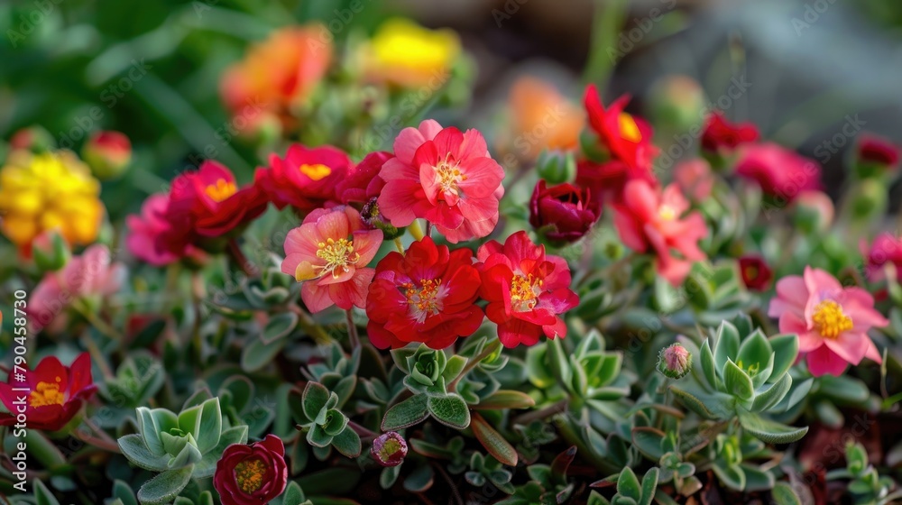 Different shades of red portulaca flowers blooming in the garden Different shades of red portulaca flowers blooming in the garden