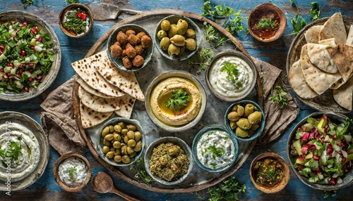 Top view, A Mediterranean mezze platter, featuring a variety of hummus, tzatziki, falafel, stuffed grape leaves, olives, and pita bread, arranged artfully on a large serving dish. photo