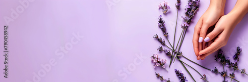 Pedicurist hands at work web banner. Pedicure hands isolated on lavender background with copy space.