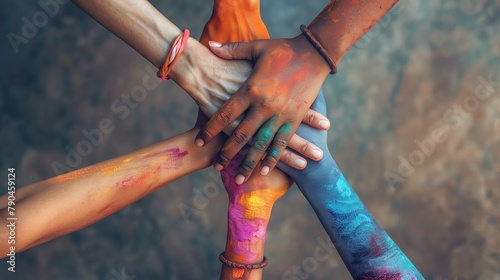 Capture a close-up shot of diverse hands intertwined, showcasing the beauty of unity and inclusivity in vibrant watercolor medium, radiating warmth and connection