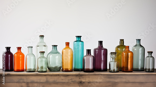 A collection of vintage glass bottles with an open space at the center, ideal for typography placement