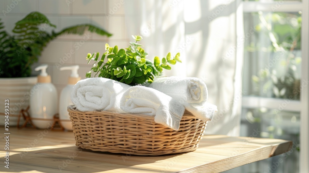 Cotton towels in white placed in a basket with green plants on a wooden counter in a well lit bathroom with space for showcasing products
