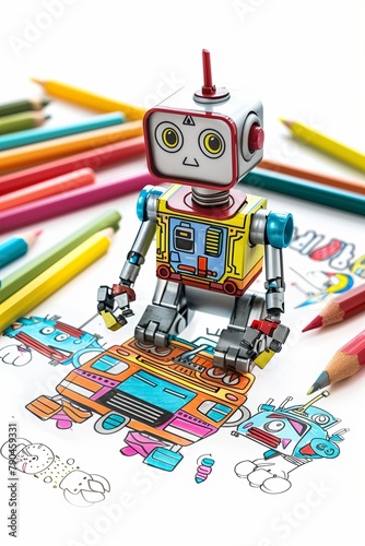 The robot draws the robot on a sheet of paper. Creativity of experiential intelligence. Artistic image of a robot.