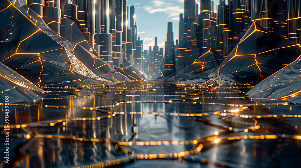 a futuristic cityscape with structures reminiscent of a dark city