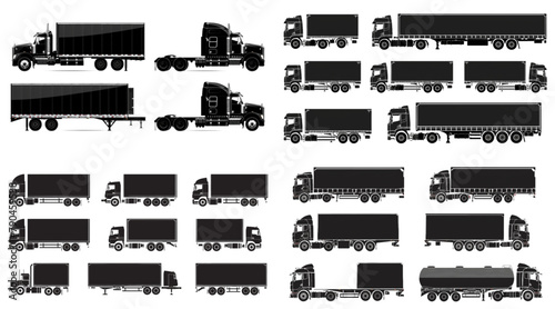 set of black truck silhouette with trailer on white background, vector illustration