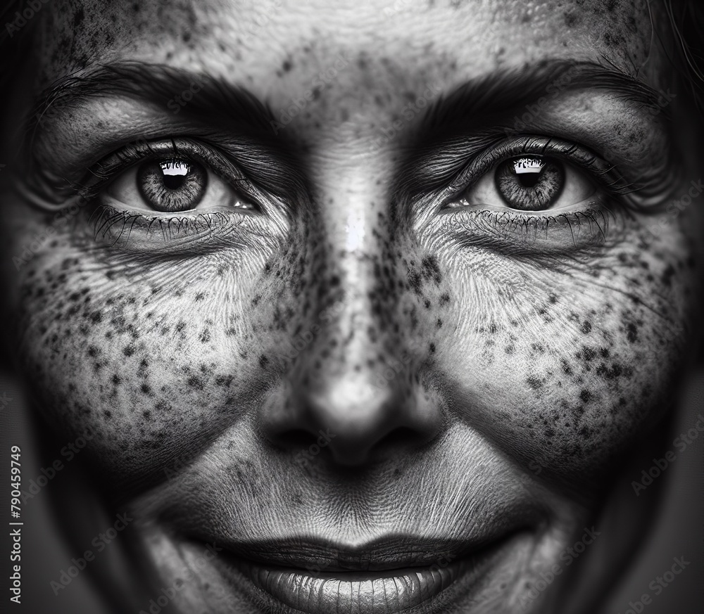 Close-up portrait of a woman with freckles on her face. 