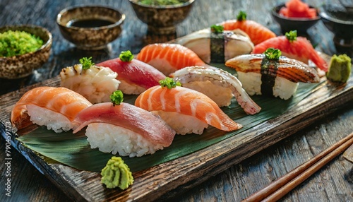 Top view, A tray of assorted sushi nigiri, showcasing slices of fresh fish atop bite-sized mounds of sushi rice, garnished with wasabi and pickled ginger.