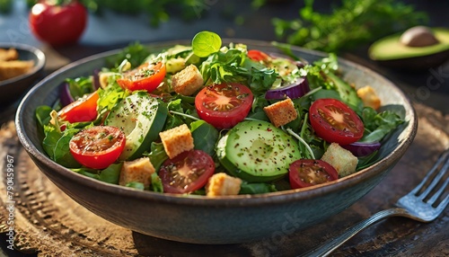Top view, A vibrant salad bowl filled with mixed greens, cherry tomatoes, cucumbers, bell peppers, and avocado slices, tossed in a tangy vinaigrette dressing and sprinkled with crunchy croutons.