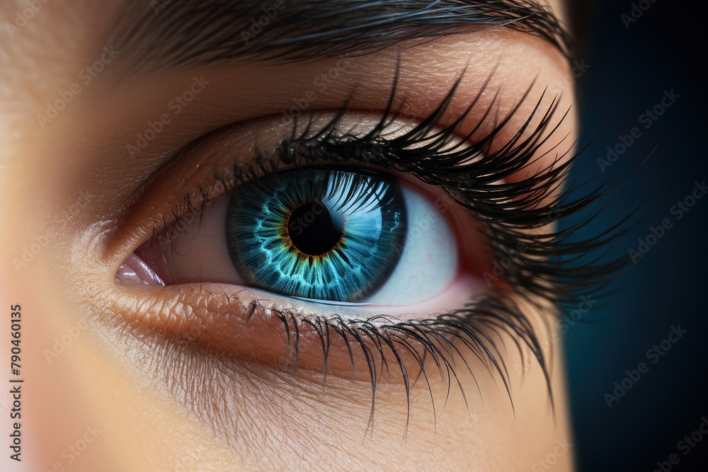 Close-up of a womans blue eye with strikingly long lashes. Generative AI