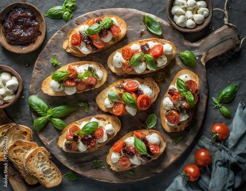 Top view, A platter of assorted bruschetta, featuring toasted bread slices topped with flavorful combinations such as diced tomatoes and basil, creamy goat cheese and fig jam, and tangy balsamic glaze