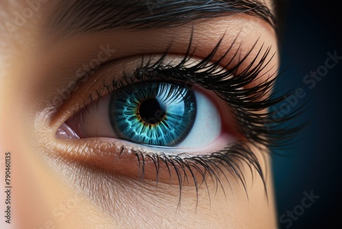 Close-up of a womans blue eye with strikingly long lashes. Generative AI