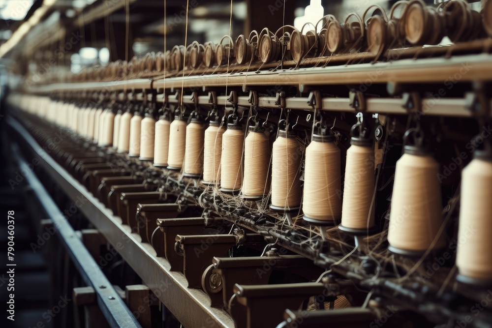 Multiple spools of thread arranged in a row on a textile factory machine. Generative AI