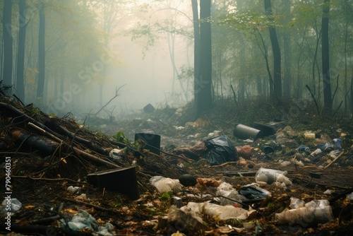 A forest landscape marred by an abundance of trash scattered among the trees. Generative AI