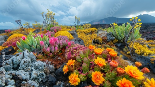 A Galapagos landscape, with vibrant flora contrasting against volcanic rocks. photo