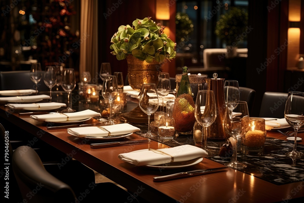 A long table adorned with a vase of fresh flowers, adding elegance to a luxurious hotel dining setting. Generative AI A long table adorned with a vase of fresh flowers, adding elegance to a luxurious hotel dining setting. Generative AI