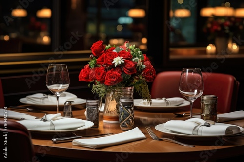 A table elegantly set with a vase filled with vibrant red roses, adding a touch of sophistication to a luxurious dining experience. Generative AI