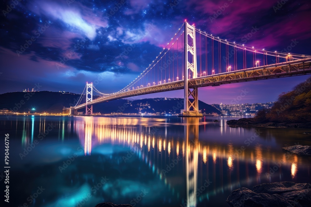 A massive bridge stretches over a body of water under a cloudy sky, creating a striking contrast against the natural backdrop. Generative AI A massive bridge stretches over a body of water under a cloudy sky, creating a striking contrast against the natural backdrop. Generative AI