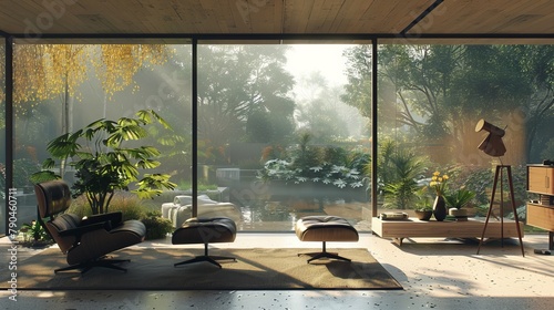 Serene modern living space bathed in natural light overlooking lush greenery