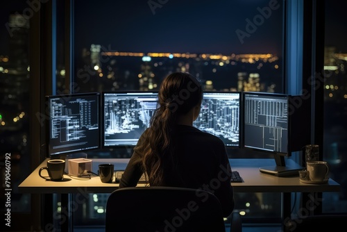 A woman sits at a desk, focused on her work, in front of two computer monitors, as she codes or programs. Generative AI