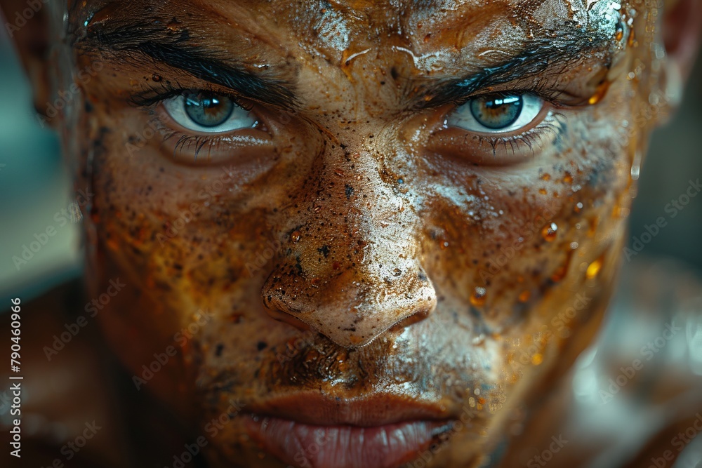 Closeup of mans face with dirt on it, resembling a bronze sculpture
