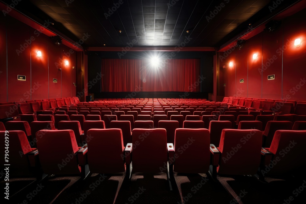 Rows of red seats are empty in a theater with a large projector screen at the front. Generative AI