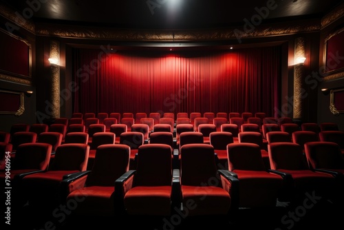 A view of a vacant theater with rows of sophisticated red seats and curtains hanging on the stage. Generative AI