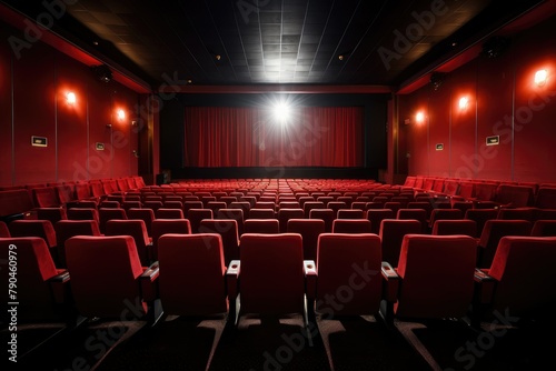 Rows of red seats are empty in a theater with a large projector screen at the front. Generative AI