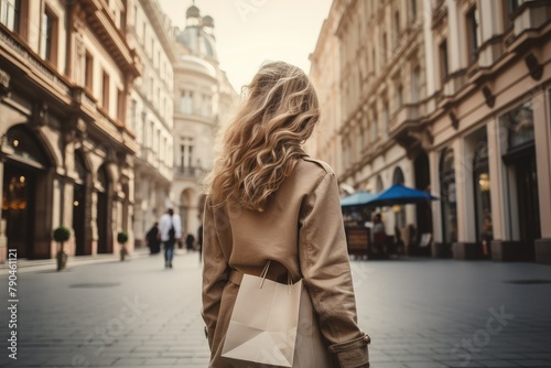 A young woman holding a shopping bag walks down a city street. Generative AI
