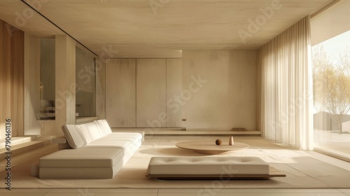 Sleek modern living room basking in warm natural light