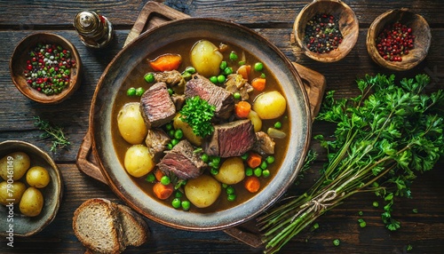 Top view, A bowl of hearty beef stew, filled with tender chunks of meat, potatoes, carrots, and peas, simmered in a rich broth and seasoned with aromatic herbs.