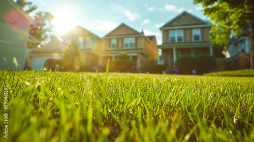 Green grass and houses portrait, Low angle shot of green lawn and country houses under summer sunlight on a beautiful sunny day