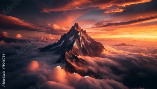 Majestic Mountain Summit Above the Clouds at Sunset 