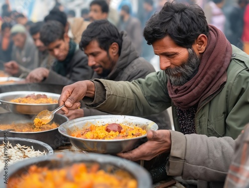 A man is feeding food to other people. The man is wearing a scarf