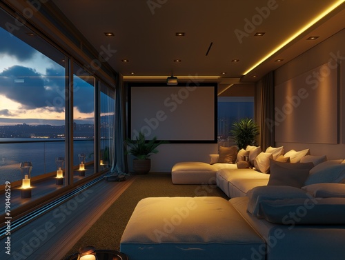 A large living room with a projector screen and a large couch. The room has a modern and sophisticated feel, with a large window overlooking the water. The room is lit with dim lighting © MaxK