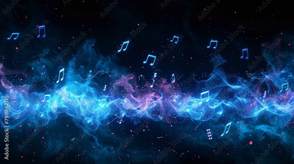 Electrifying symphony of blue sound waves and musical notes in cosmic space