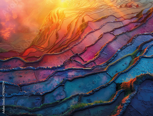 A closeup of the rice terrace in gradient colors, reflecting light and creating an intricate pattern on its surface. The background is a colorful sunset sky with hues of orange, pink, blue, and purple