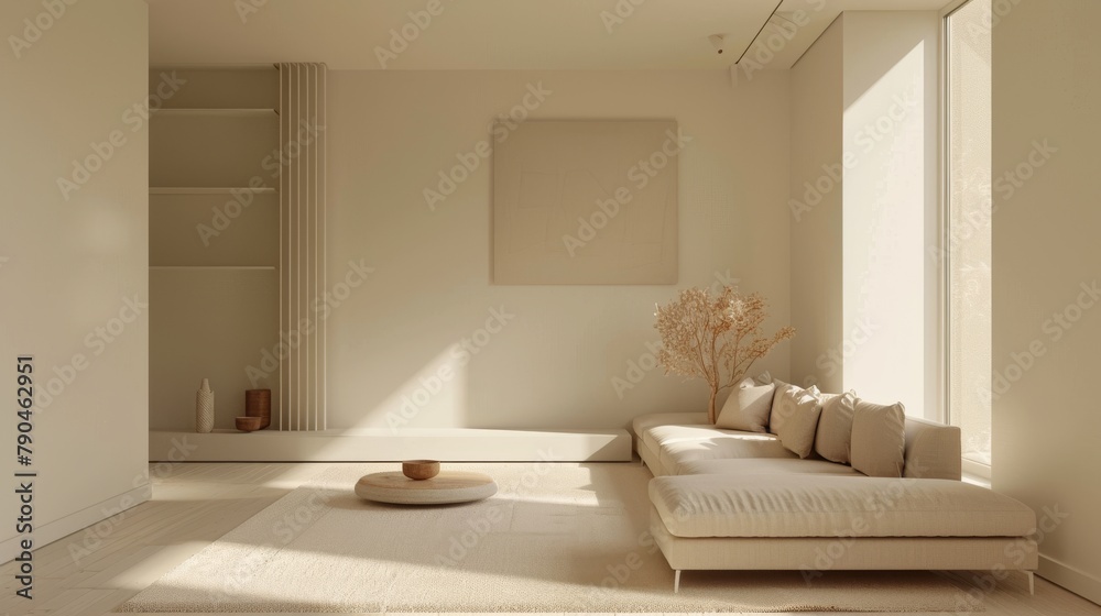 Sunlit minimalist living space with cozy couch and serene decor Sunlit minimalist living space with cozy couch and serene decor