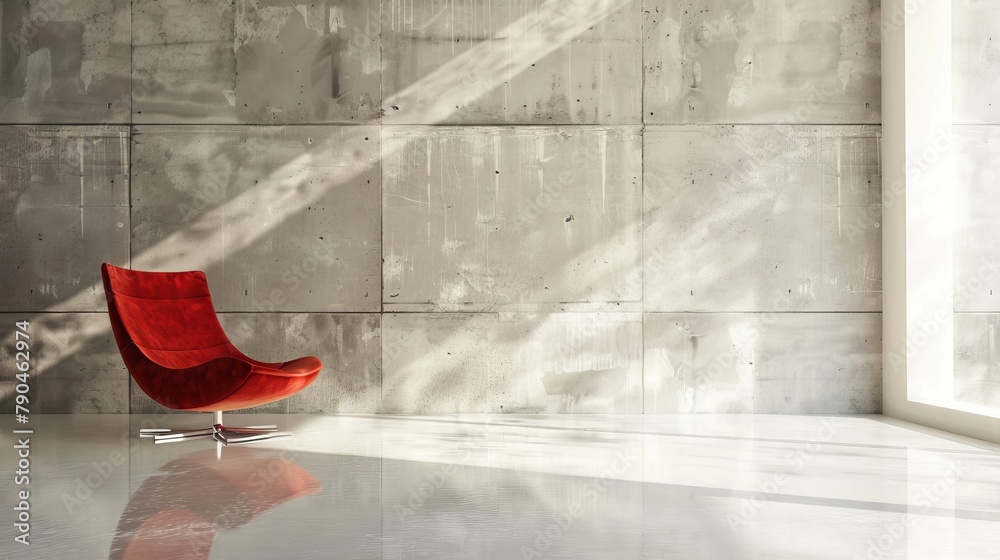 Sunlit minimalist room with a single red chair Sunlit minimalist room with a single red chair