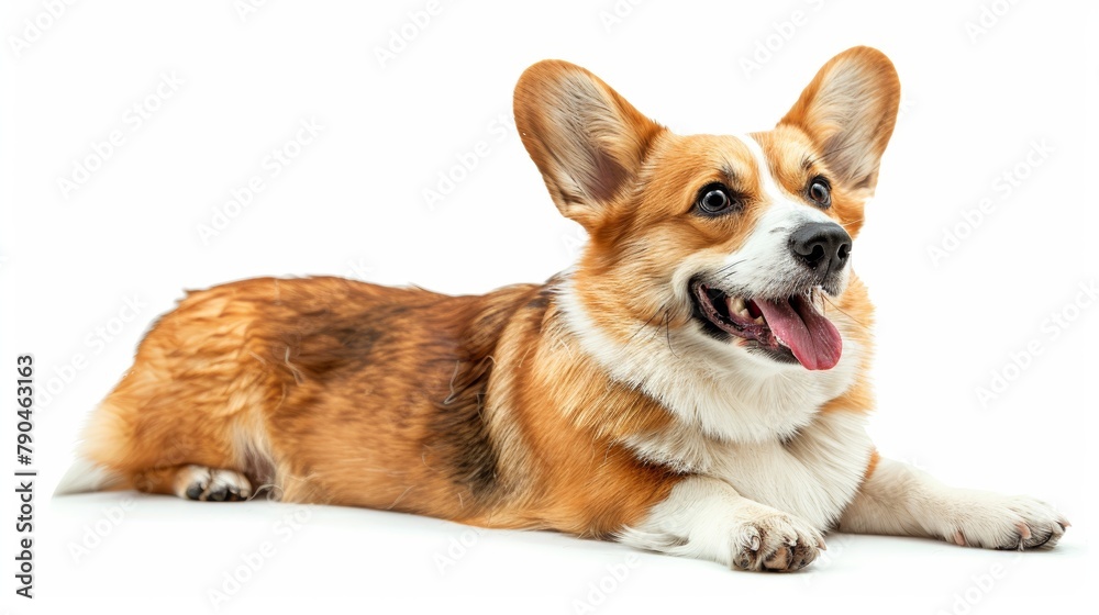 Joyful Corgi dog lying down with a beaming smile and playful attitude on white