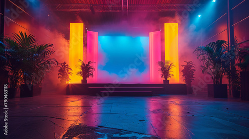 a big screen on a gameshow setting with yellow orange pink and blue purple color for a quiz gameshow --ar 16:9 --stylize 750

