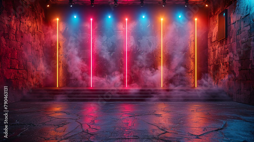 a big screen on a gameshow setting with yellow orange pink and blue purple color for a quiz gameshow --ar 16:9 --stylize 750
