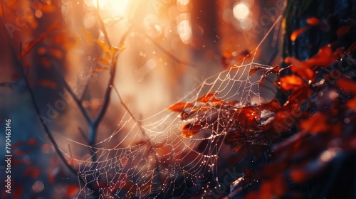 Autumn forest ambiance with dew covered spider webs captured beautifully in macro