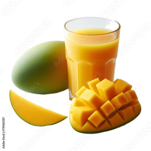 A glass of mango juice and freshly sliced mango on the side  transparent background   PNG
