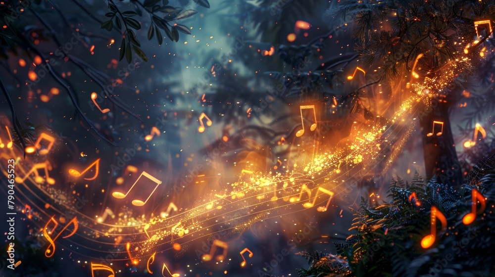 Enchanted forest pathway illuminated by a magical swirl of glowing musical notes at twilight
