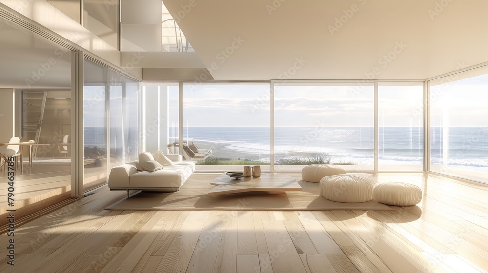 Fototapeta premium Sunny beach view from a modern serene living room